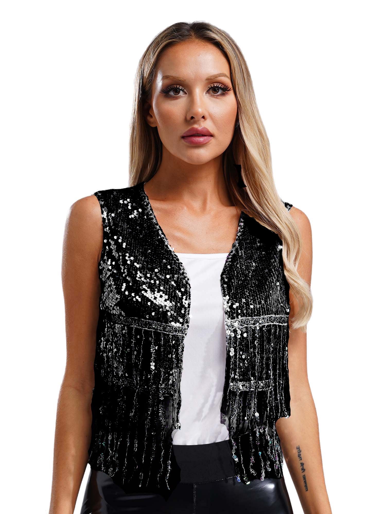 Eandarui Women's Sparkly Sequin Open Front Vest Top Fringe Sleeveless — free download