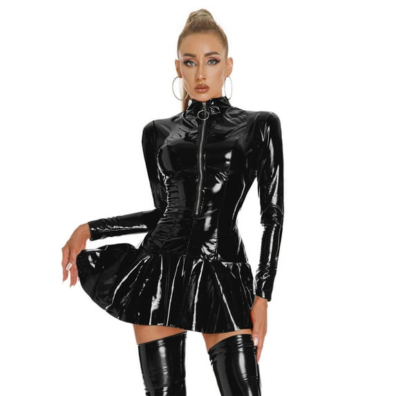 Eandarui Women's Wetlook Leather Mini Dress Mock Neck A Line Flared Short Dress for Nightclub Party Black S