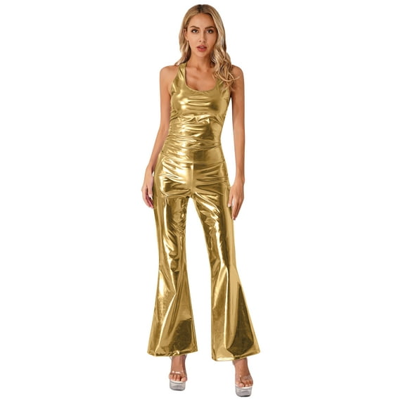 Eandarui Womens 2Pcs Carnival Disco Party Outfits Tank Vest Tops with Flared Bell Bottom Pants Gold M