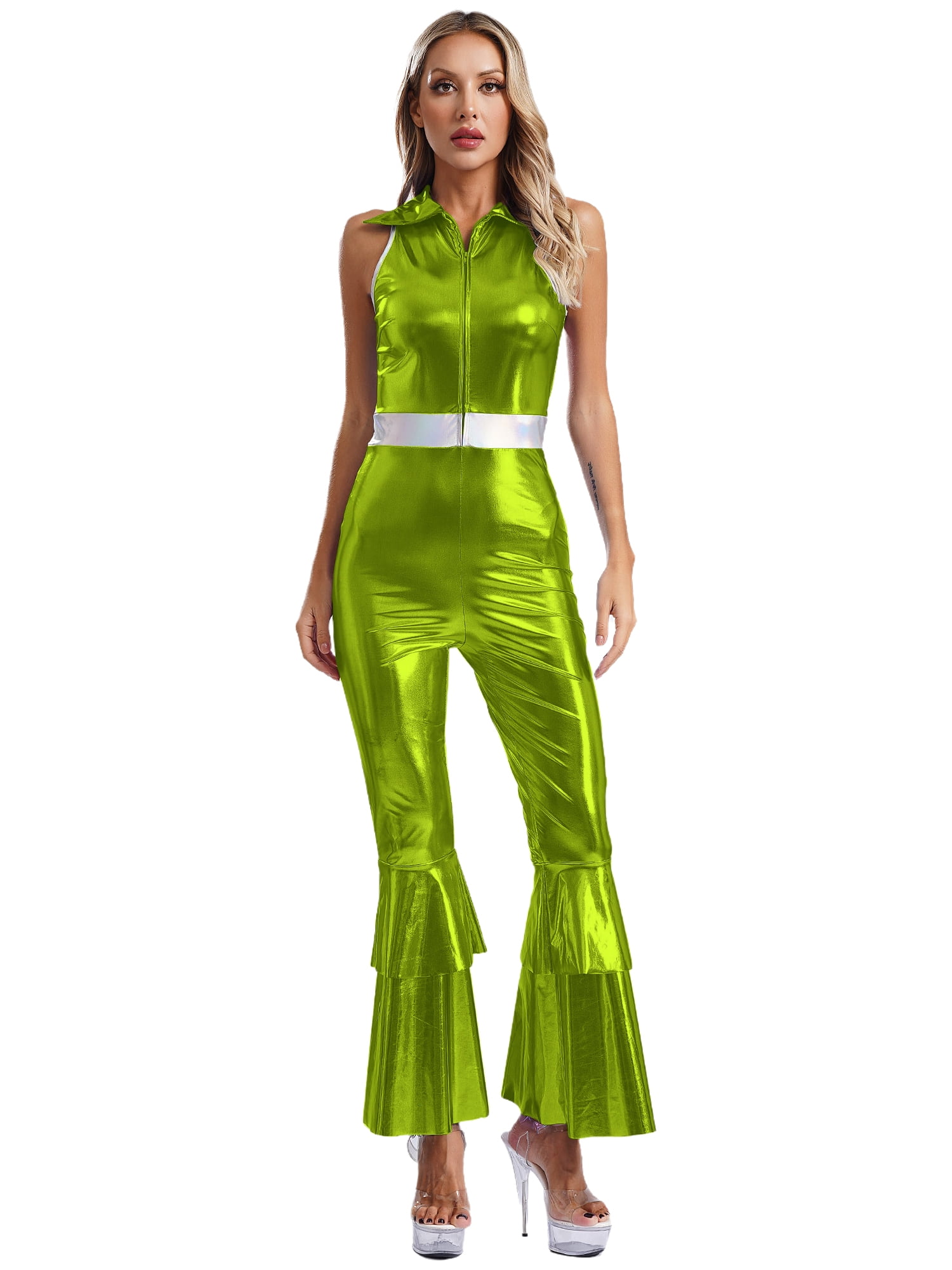 Eandarui Womens 70s Disco Costumes Holographic Shiny Sleeveless Jumpsuits Party Club Dance Outfits Green XL