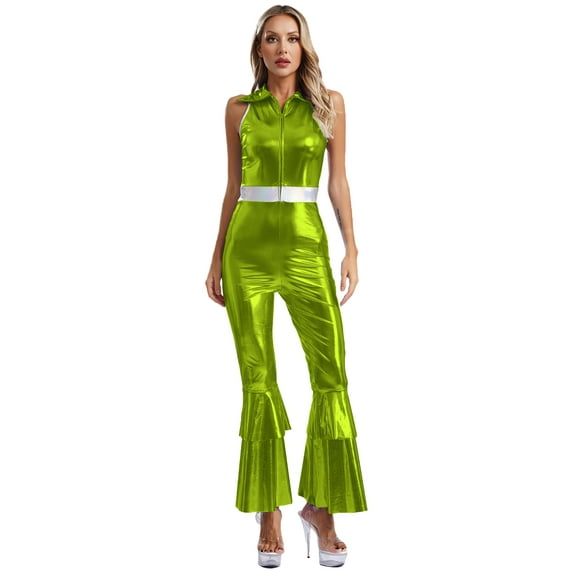 Eandarui Womens 70s Disco Outfits Holographic Shiny Metallic Sleeveless Jumpsuits for Party Club Green M