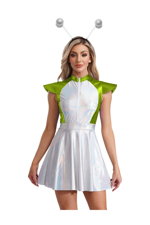 Womens Alien Cosplay Costume Shiny Metallic Cap Sleeves A-line Mini Outer Space Dress with Silver Green XL