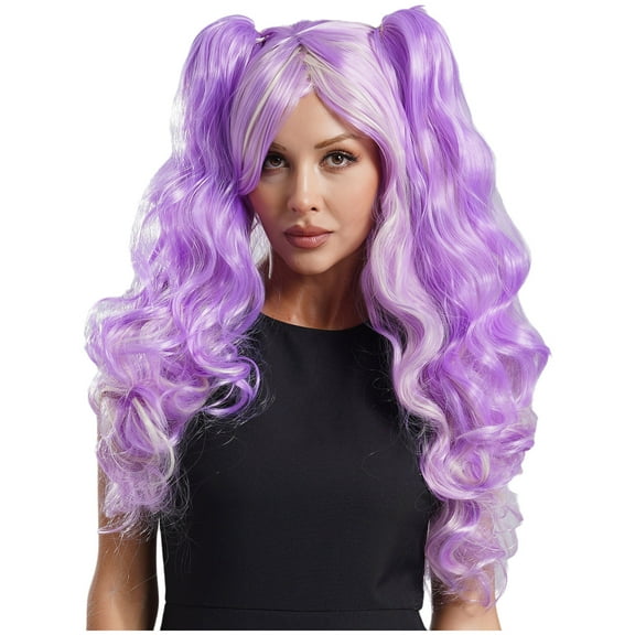 Eandarui Womens Anime Lolita Curly Multi-color Clip on Ponytails Costume Wig for Halloween Cosplay Lavender One Size
