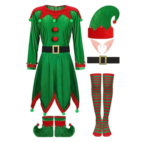 Eandarui Womens Christmas Elf Cosplay Fancy Dress Santa Claus Deluxe Outfits Xmas Party Dress Up Green 160/L