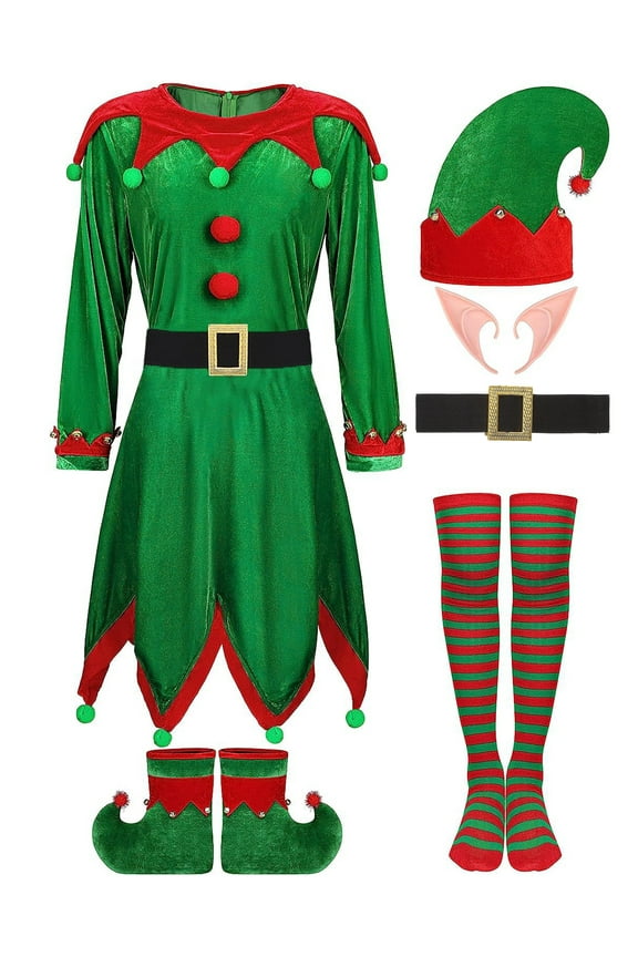 Womens Christmas Elf Cosplay Fancy Dress Santa Claus Deluxe Outfits Xmas Party Dress Up Green 180/XXL