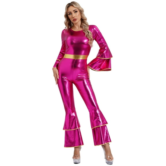Eandarui Womens Shiny Metallic 70S Disco Jumpsuits Tiered Flare Sleeve Bell Bottom Costumes Hot Pink S