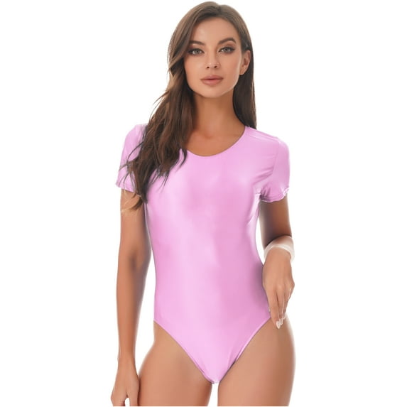 Eandarui Womens Glossy Bodysuit Short Sleeve Round Neck Solid Color Swimsuit Yoga Sports Swimwear Pink L