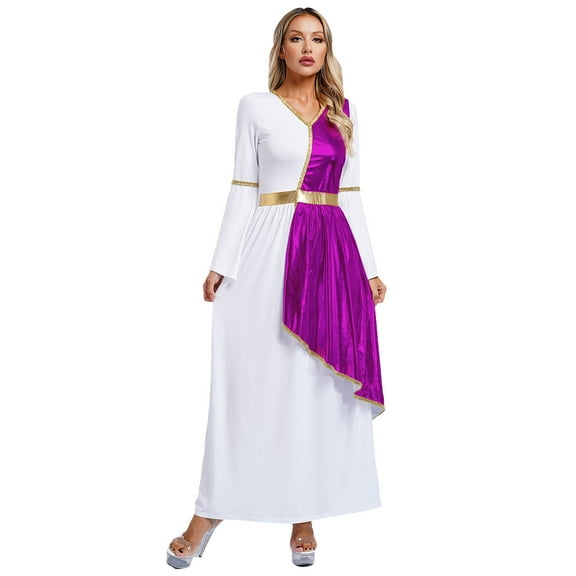 Eandarui Womens Greek Costume Ancient Toga Liturgical Praise Dance Dress Roman Queen Fancy Dress Purple S
