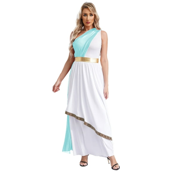Eandarui Womens Halloween Ancient Greek Costume One Shoulder Vintage Trim Roman Toga Dress Light Blue M