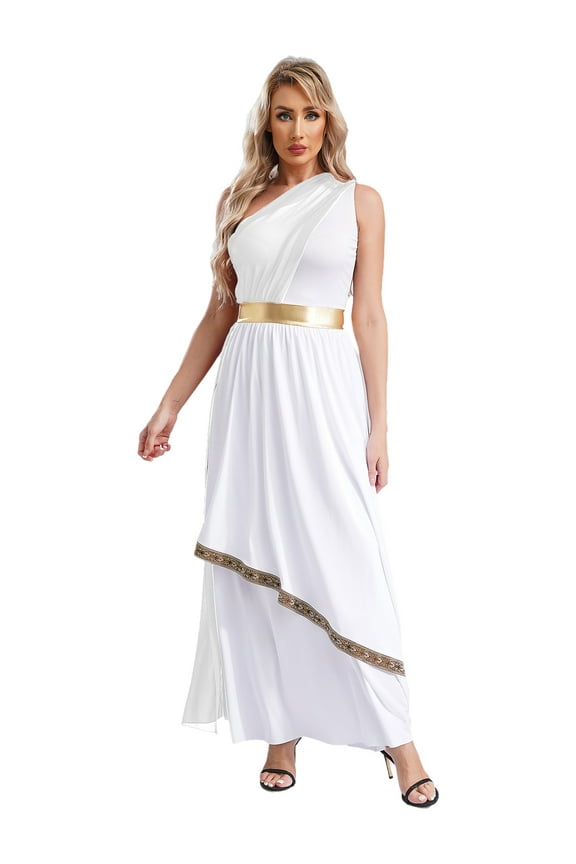 Womens Halloween Ancient Greek Costume One Shoulder Vintage Trim Roman Toga Dress White 3XL