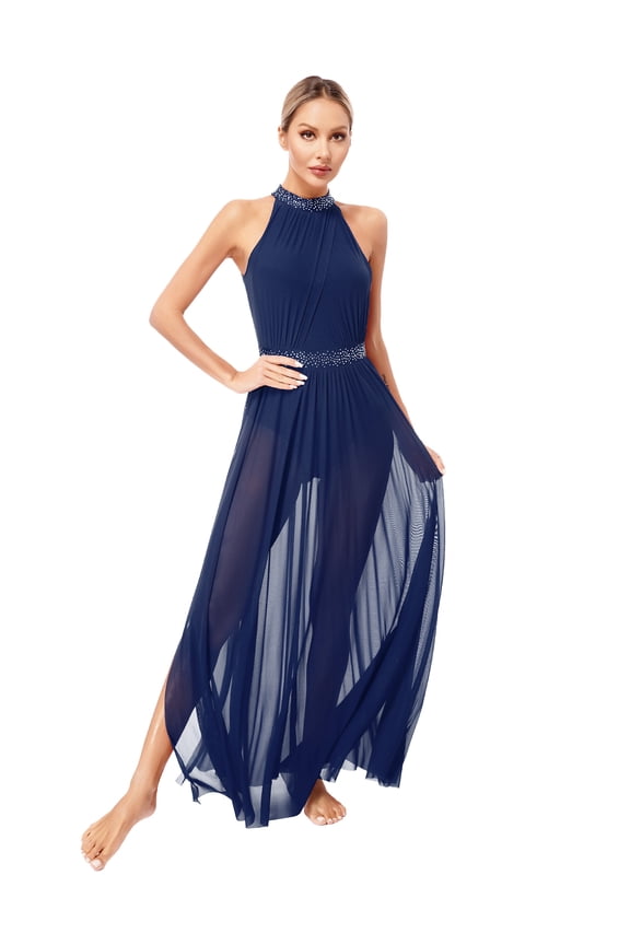 Womens Lyrical Contemporary Dance Costume Halter Neck Flowy Tulle Maxi Long Dress Side Split Navy Blue L
