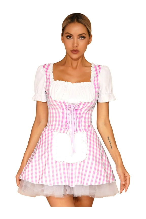 Womens Miss Muffet Gingham Dress Puff Sleeve Maid Apron Dress Cosplay Halloween Anime Pink S