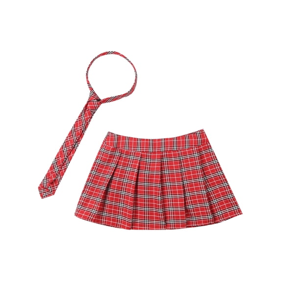Eandarui Womens Plaid Pleated Mini Skater Skirt with Necktie High Waisted School Skirt Outfits Red XXL
