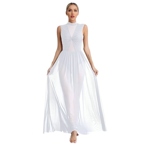 Eandarui Womens Rhinestone Mock Neck Lyrical Dance Costume Sleeveless Overlay Ballet Leotard Dress White M