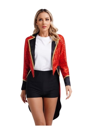 Womens Ringmaster Jacket Shiny Sequin Showman Tailcoat Lion Tamer Magician Uniform Red M