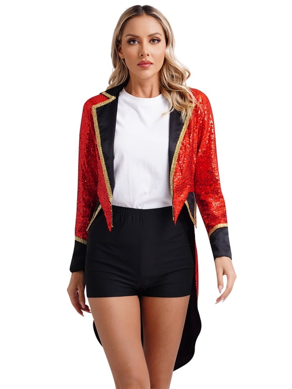 Womens Ringmaster Jacket Shiny Sequin Showman Tailcoat Lion Tamer Magician Uniform Red M
