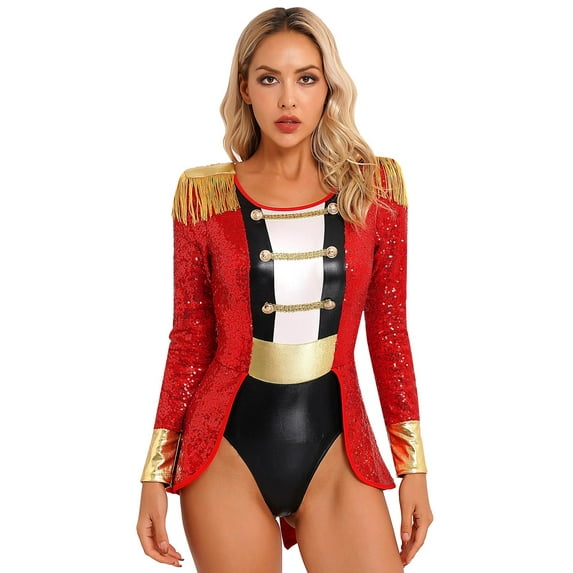 Eandarui Womens Sequin Circus Ringmaster Outfit Dance Leotard Fringe Epaulette Bodysuit Costumes Red 4XL