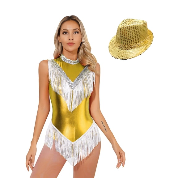 Eandarui Womens Shiny Fringed Dance Leotard Jazz Latin Tango Dance Dress Cheerleading Costume with Gold L