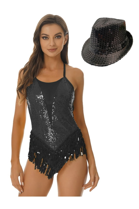 Womens Shiny Sequin Tassel Leotard Fringe Bodysuit Ballroom Latin Jazz Costumes with Black XXL