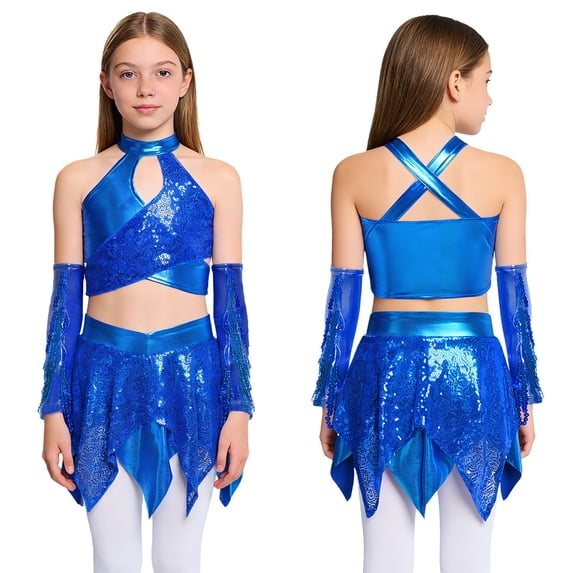 Eandarui Youth Girls Jazz Latin Ballroom Costume Disco Party Clothes Sequins Dance Outfits Raves Festivals Carnival Set Blue 8