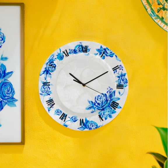 Eangee Clock Wall Decor With Blue Flowers