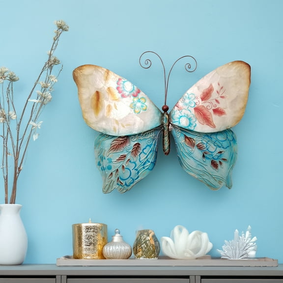 Eangee Home Design Butterfly Wall Decor Blue And Pearl, Capiz and Metal, Indoor / Outdoor Safe, 18x1x13 Inches