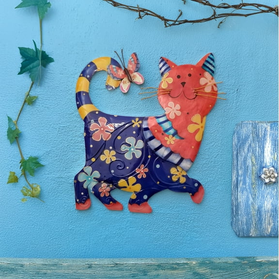Eangee Home Design Cat Wall Decor Blue And Red, Capiz and Metal, Indoor / Outdoor Safe, 12x1x13 Inches