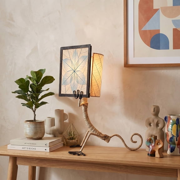 Eangee Home Design Enlightened Gecko Table Lamp, Shade Made Of Cocoa Leaves, 11x16x16 Inches
