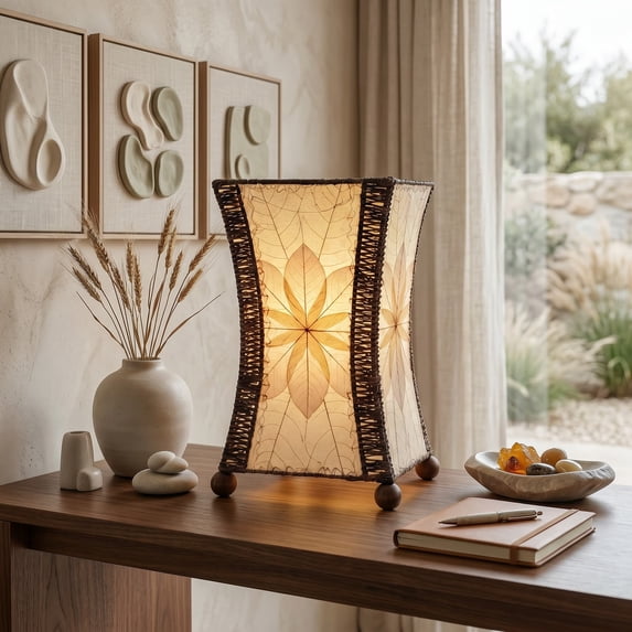 Eangee Home Design Hourglass Table Lamp, Shade Made Of Jackfruit Leaves, 10x10x15 Inches