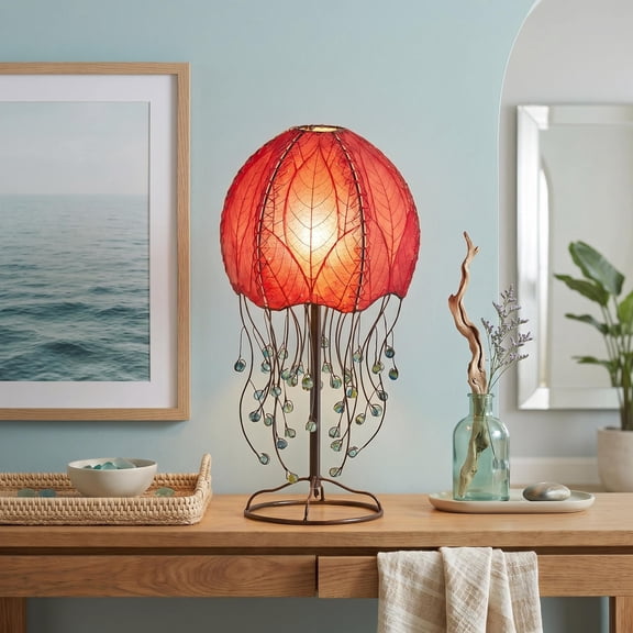 Eangee Home Design Jellyfish Table Lamp, Shade Made Of Cocoa Leaves, 10x10x24 Inches