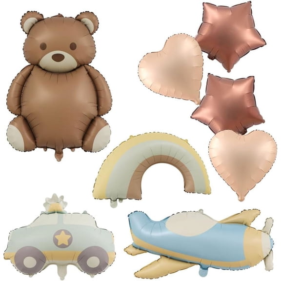 Eanjia Bear Balloons Set with Aircraft and Car Matte Foil Balloon Baby Shower or Birthday Decorations Perfect for Teddy Bear Theme Party