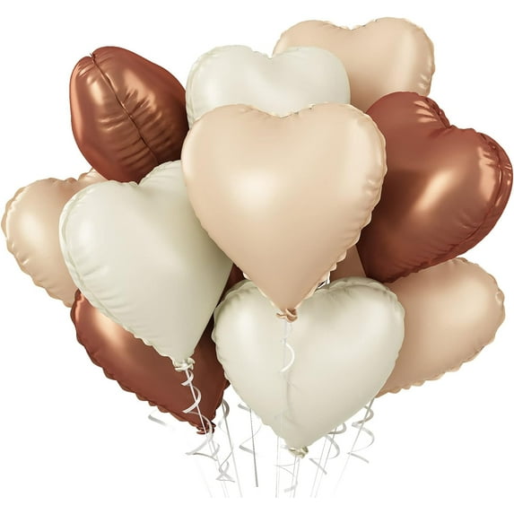 Eanjia Brown Apricot Heart Balloons, 10Pcs Coffee Cream Beige Foil Heart Shape Balloons, 18inch Heart Balloons for Helium Valentines Decorations for Engagement, Brithday, Baby Shower, Wedding
