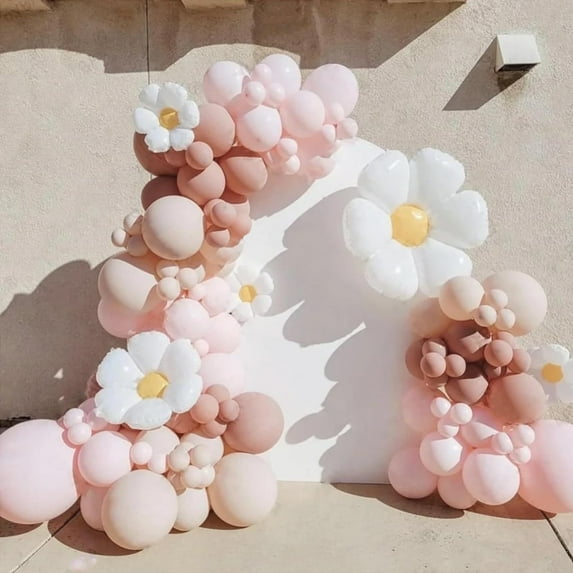 Eanjia Daisy Balloon Garland Arch Kit, 114Pcs vintage Macaron Pink Skin Color Balloons With Flower Balloons for Wedding Birthday Party Baby Shower Party Background Decorations