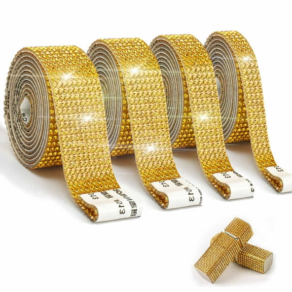 Eanloly 4 Rolls Self-Adhesive Crystal Rhinestone Ribbon, Diamond Bling Ribbons with 2 mm Rhinestones Sticker for Arts Crafts Wedding Birthday Party DIY Event Car Phone Decoration(Gold)