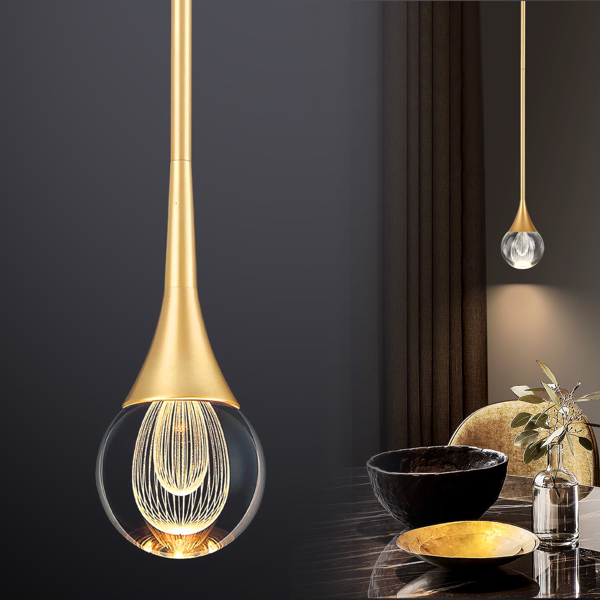 Eanloly LED Chandelier, Crystal Lighting Lamp, Ceiling Hanging, Assembled Length 42 inch, Gold