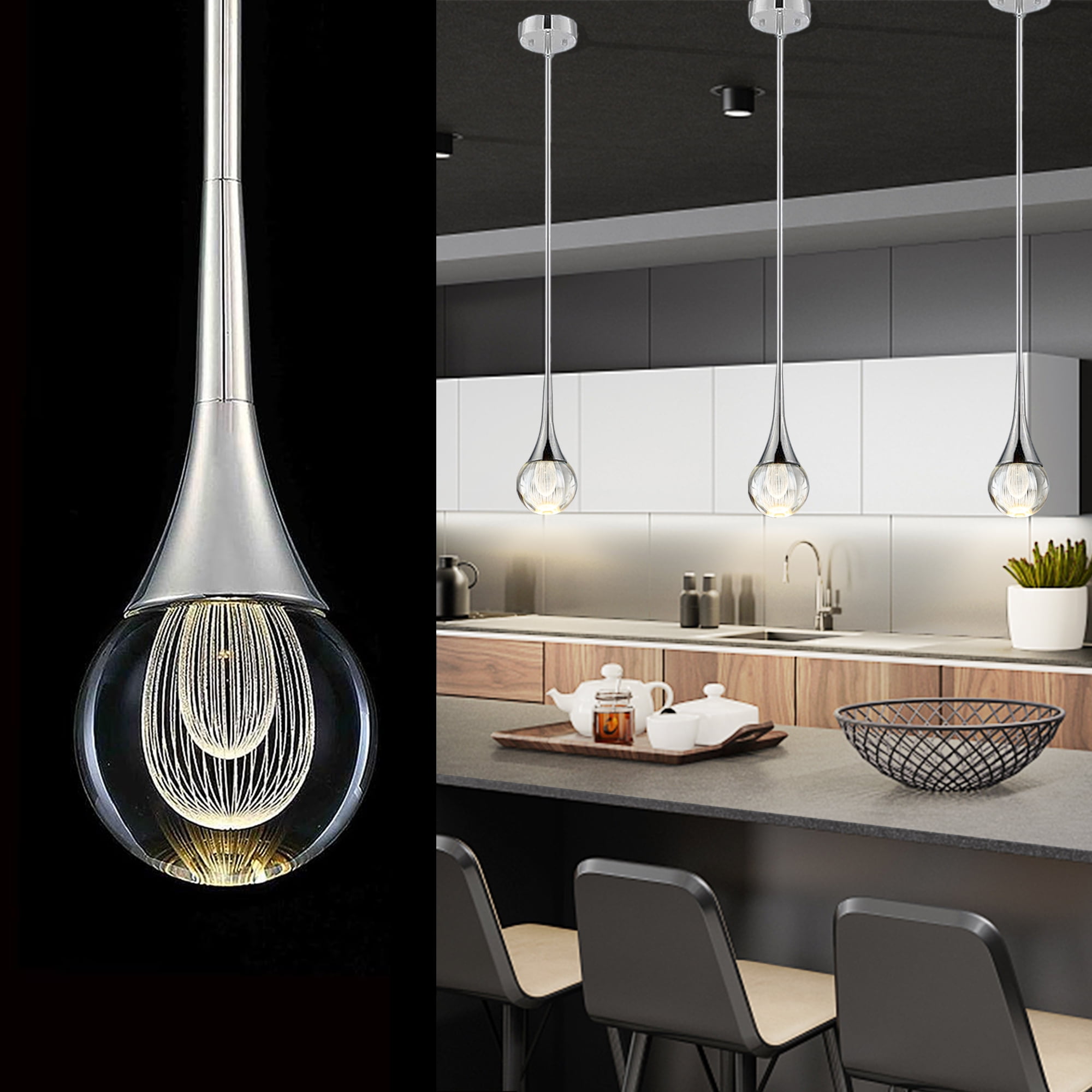 Eanloly LED Silver Chandelier, Crystal Pendant Lamp, Ceiling Hanging Lighting Assembled Product 42"