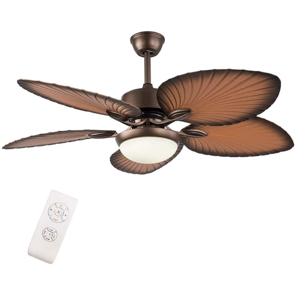 Eapmic Tropical Ceiling Fan Outdoor Downrod Ceiling Fan with Sunset Bowl Light, Five Hand Carved Wooden Leaf Blades for Dining Bed Room Patio Porch (52Inch)