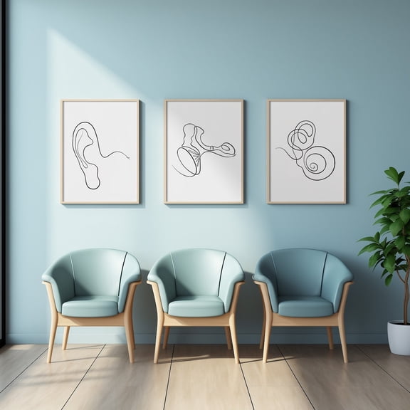 Ear Anatomy Audiology ENT Office Decor Human Ear Outline Drawing Cochlea Wall Art Set 3 Stretched Canvas 16x24