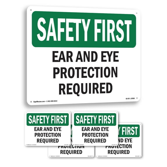 Ear And Eye Protection Required OSHA SAFETY FIRST Rigid Plastic Sign 18 Inch x 12 Inch - 5 Pack
