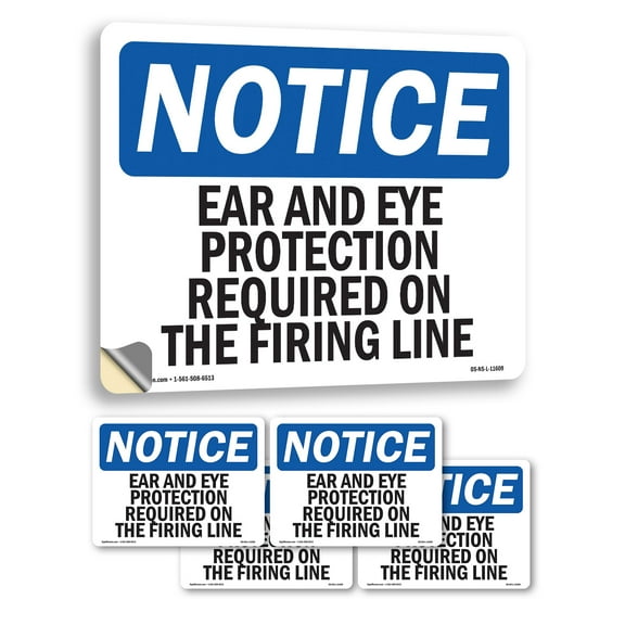 Ear And Eye Protection Required On The Firing Line OSHA Notice Vinyl Decal Label 7 Inch x 5 Inch - 5 Pack