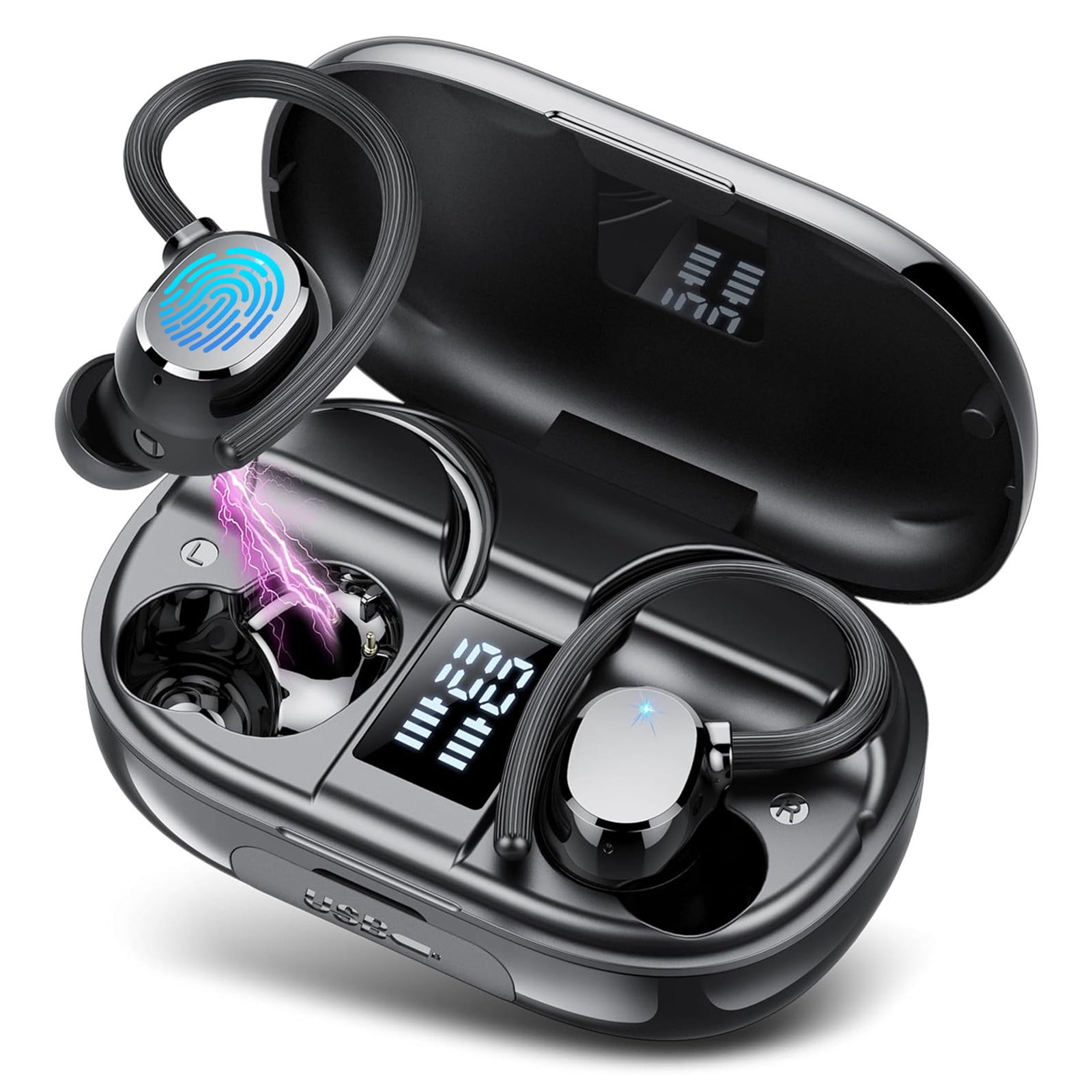 Ear Buds Wireless Bluetooth Earbuds Sport with LED Display 128H Playtime Powerful Bass Over Ear Earphones with Earhooks IP7 Waterproof for Gym/Running/Workout,A