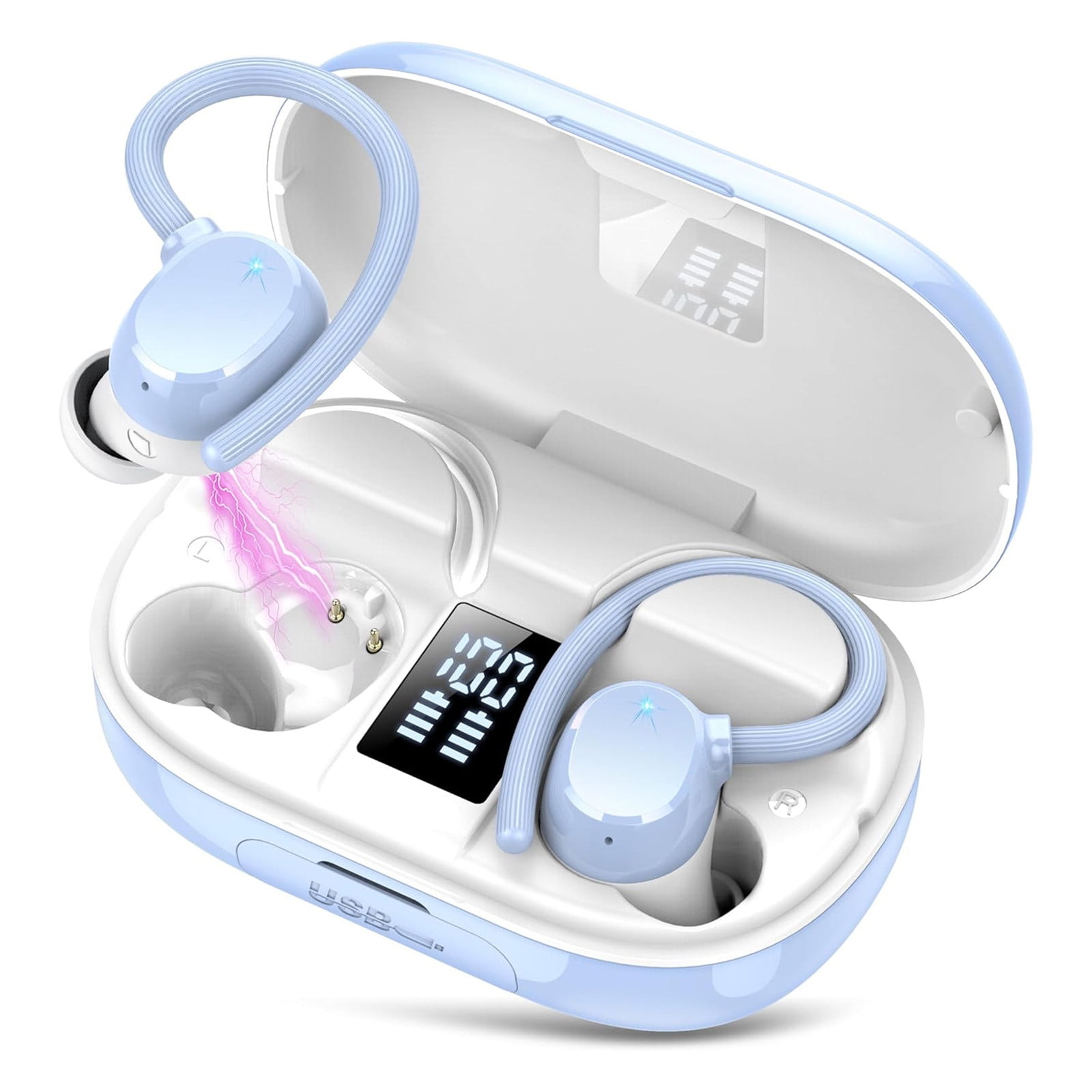 Ear Buds Wireless Bluetooth Earbuds Sport with LED Display 128H Playtime Powerful Bass Over Ear Earphones with Earhooks IP7 Waterproof for Gym/Running/Workout,B