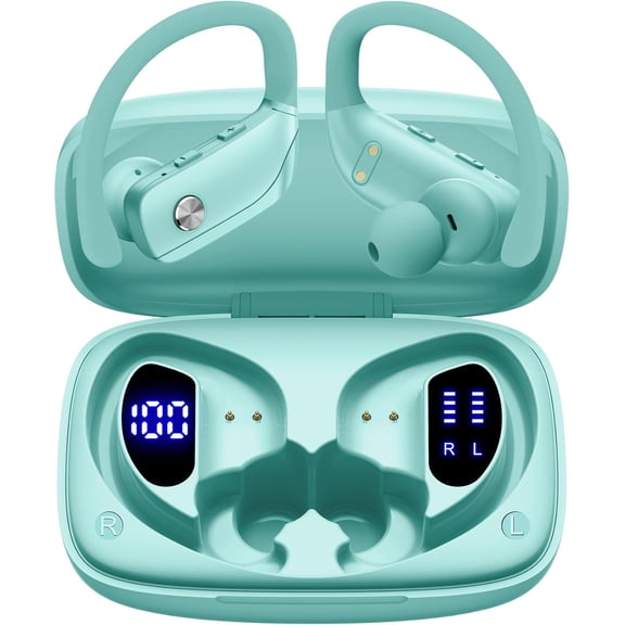 Ear Buds Wireless Earbuds Bluetooth Headphones with 80H Playtime LED Display Case, Over-Ear Hook Mic, Stereo Sound, Easy Button Controls, Sports Earphones for Running Workout Gym Mint Green