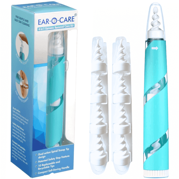 Ear-O-Care Compact Safe Ear Wax Removal Kit, Dual-Action Spiral and Scoop Ear Cleaner, Patented Safety Stop, 10 Soft Silicone Tips
