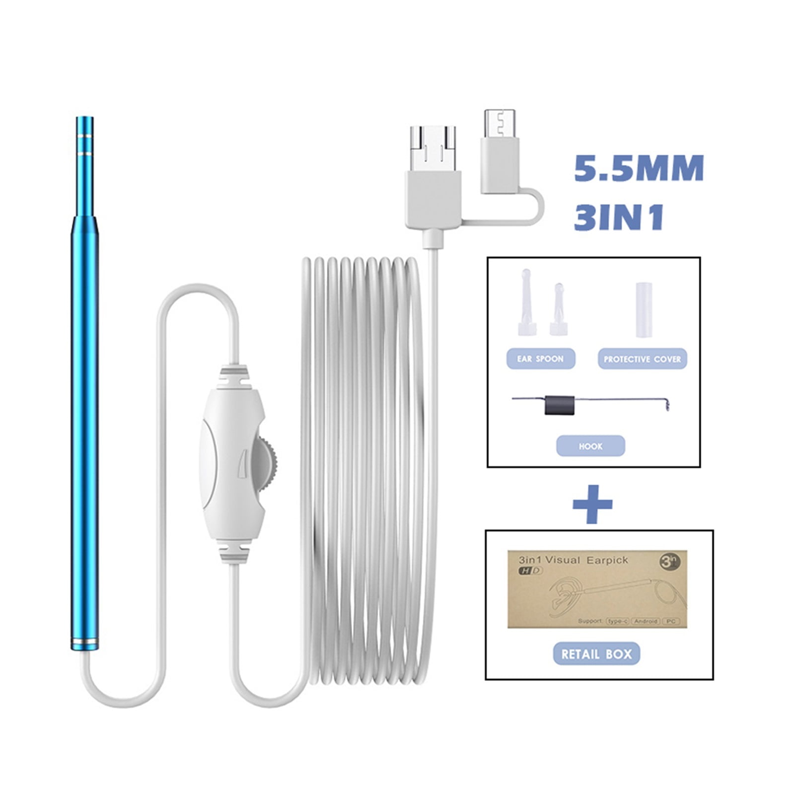 Ear Cleaning Endoscope Camera 3in1 Type-C USB Visual Otoscope 5.5mm/3.9mm 0.3MP 6LEDs Ear Pick Ear Spoon ,Various Applicable