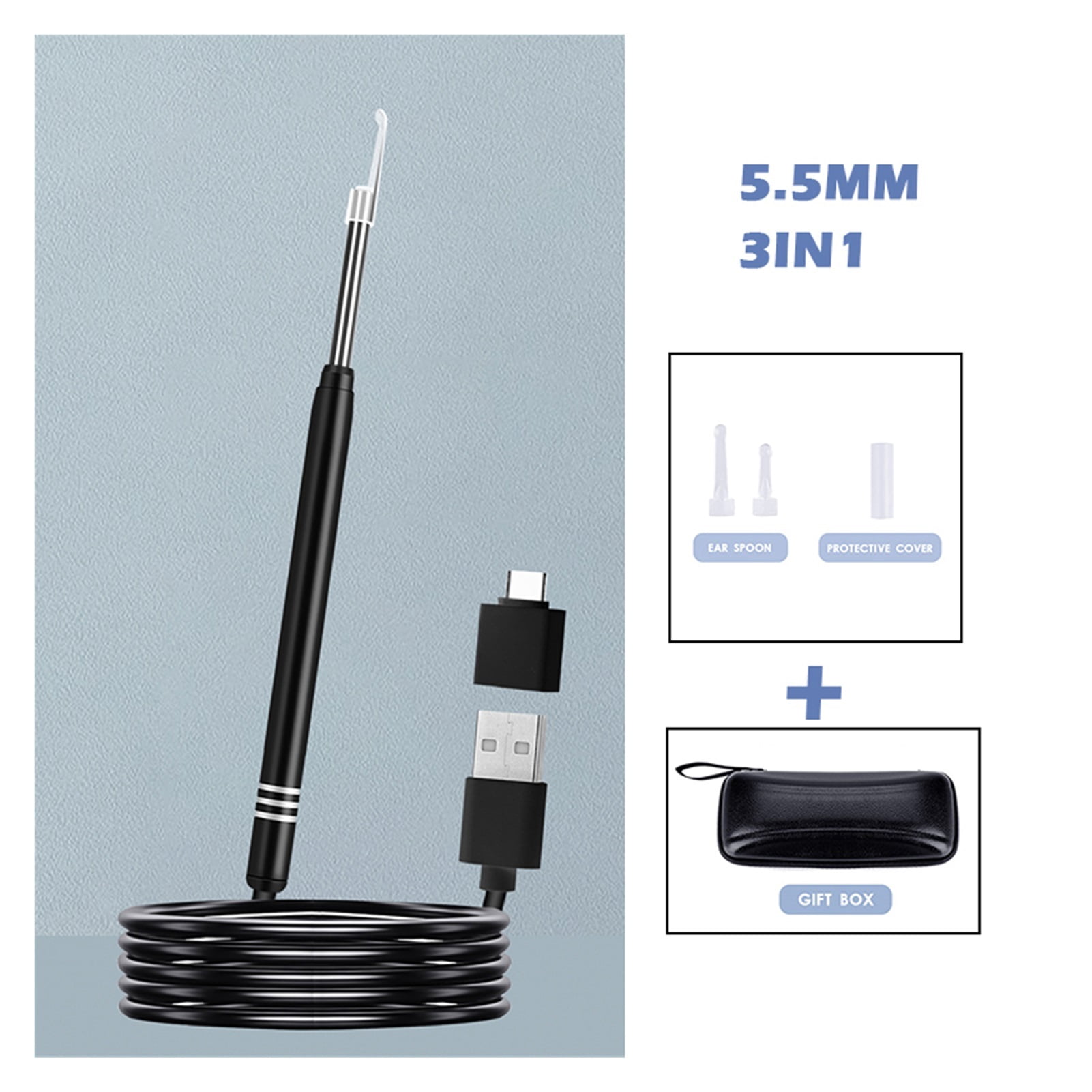 Ear Cleaning Endoscope Camera 3in1 Type-C USB Visual Otoscope 5.5mm/3.9mm 0.3MP 6LEDs Ear Pick Ear Spoon ,Various Applicable