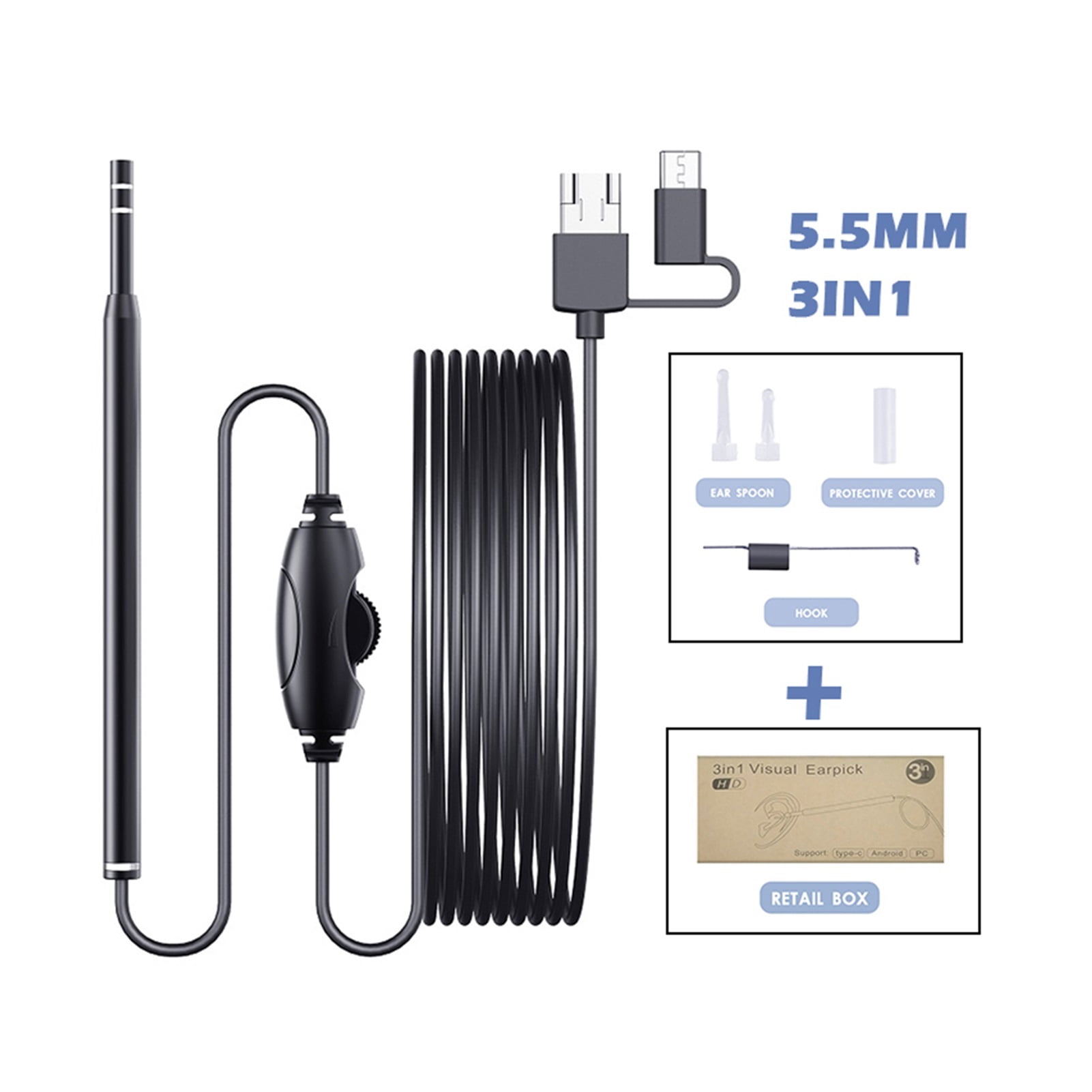 Ear Cleaning Endoscope Camera 3in1 Type-C USB Visual Otoscope 5.5mm/3.9mm 0.3MP 6LEDs Ear Pick Ear Spoon ,Various Applicable