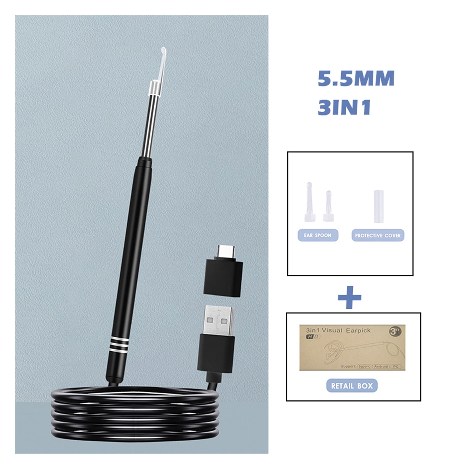 Ear Cleaning Endoscope Camera 3in1 Type-C USB Visual Otoscope 5.5mm/3.9mm 0.3MP 6LEDs Ear Pick Ear Spoon ,Various Applicable