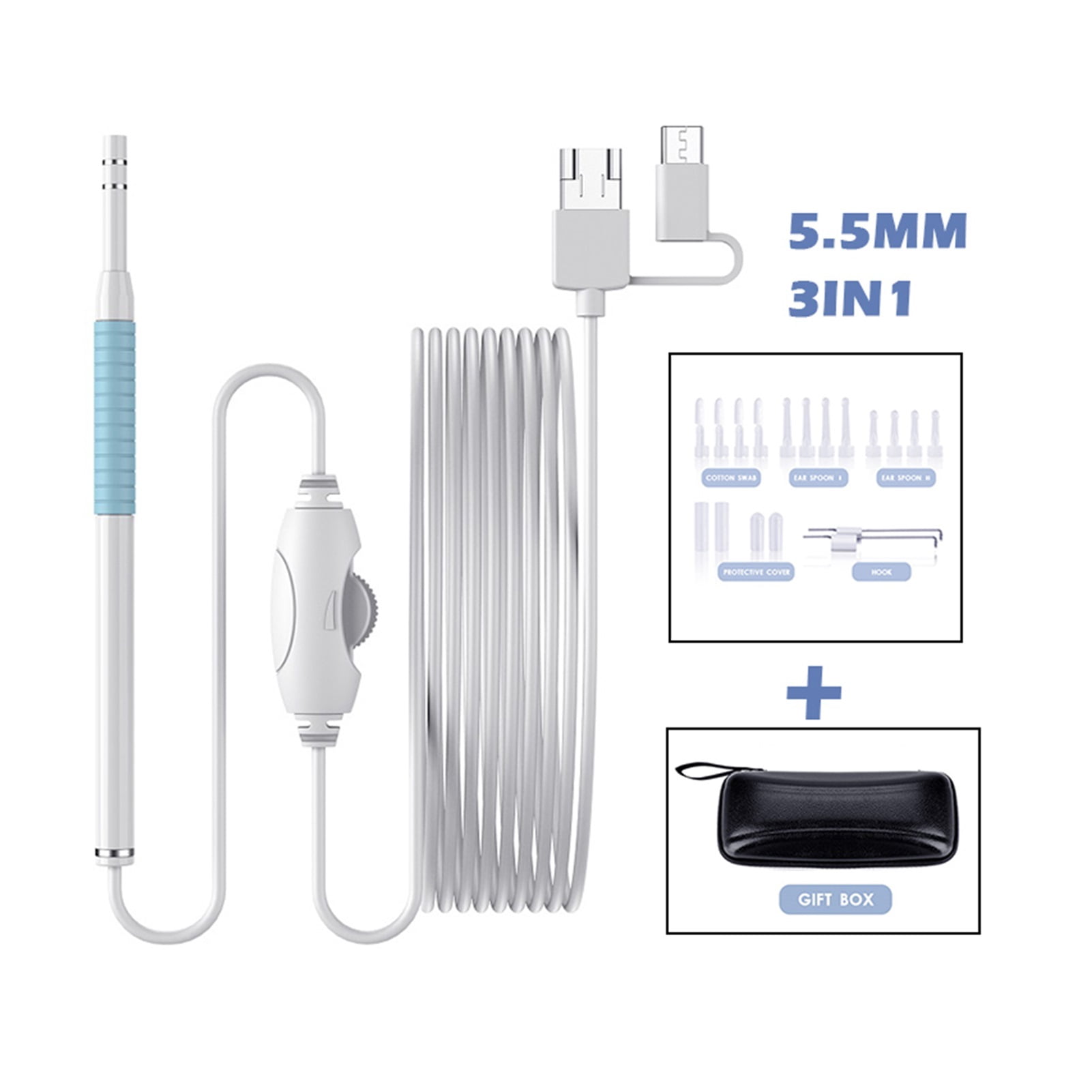 Ear Cleaning Endoscope Camera 3in1 Type-C USB Visual Otoscope 5.5mm/3.9mm 0.3MP 6LEDs Ear Pick Ear Spoon ,Various Applicable