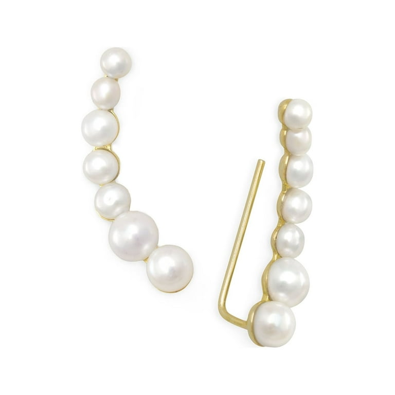 Ear Climber Earrings White Cultured Freshwater Pearls Rhodium on Sterling Silver Ear Climber Earrings White Cultured Freshwater Pearls Rhodium on Sterling Silver